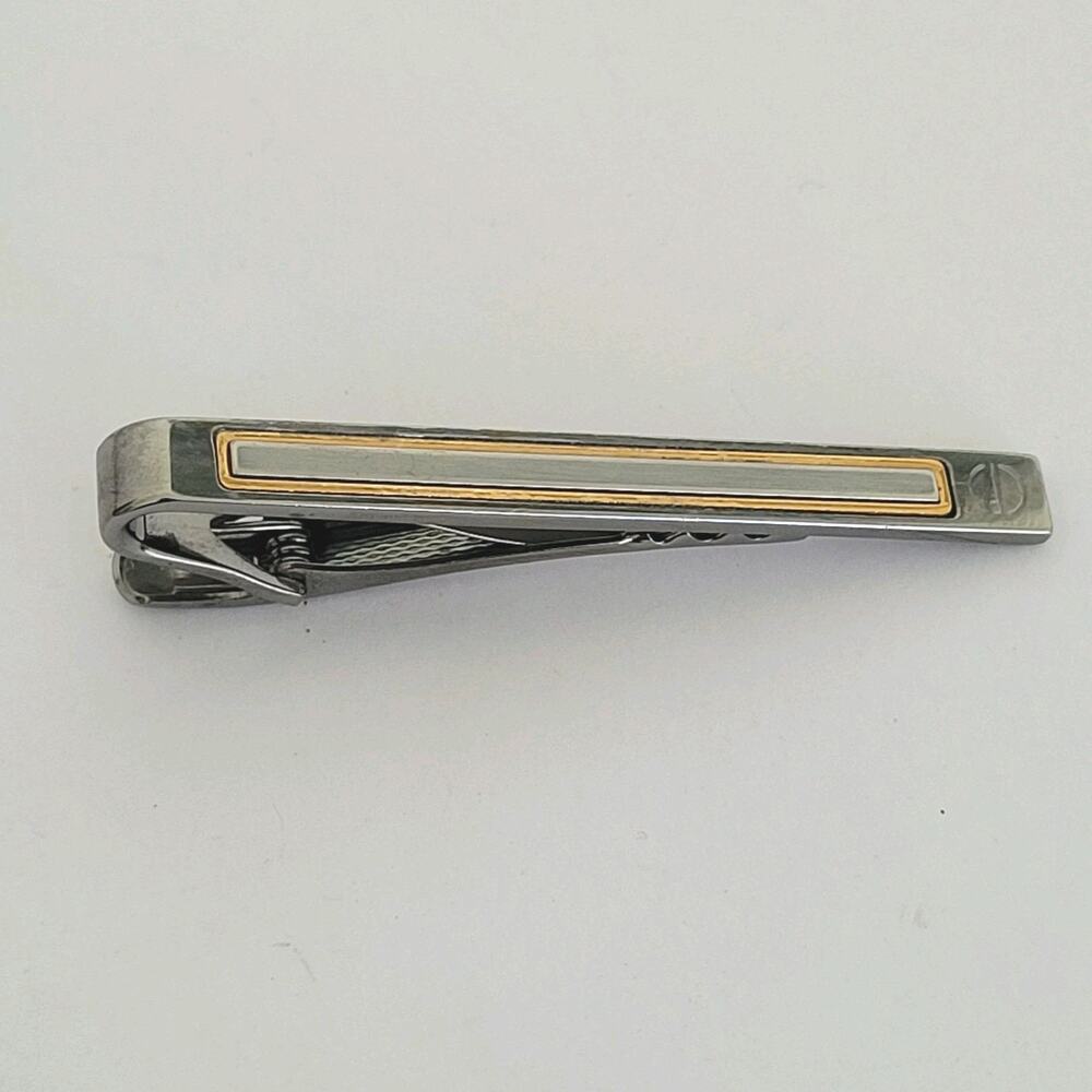 Dunhill Vintage Two Tone Striped Tie Clasp Clip Bar Silver Gold Retro
